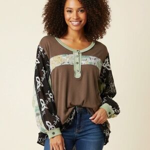 POL Mixed Media Boho Patchwork Blouse - NWOT Size M